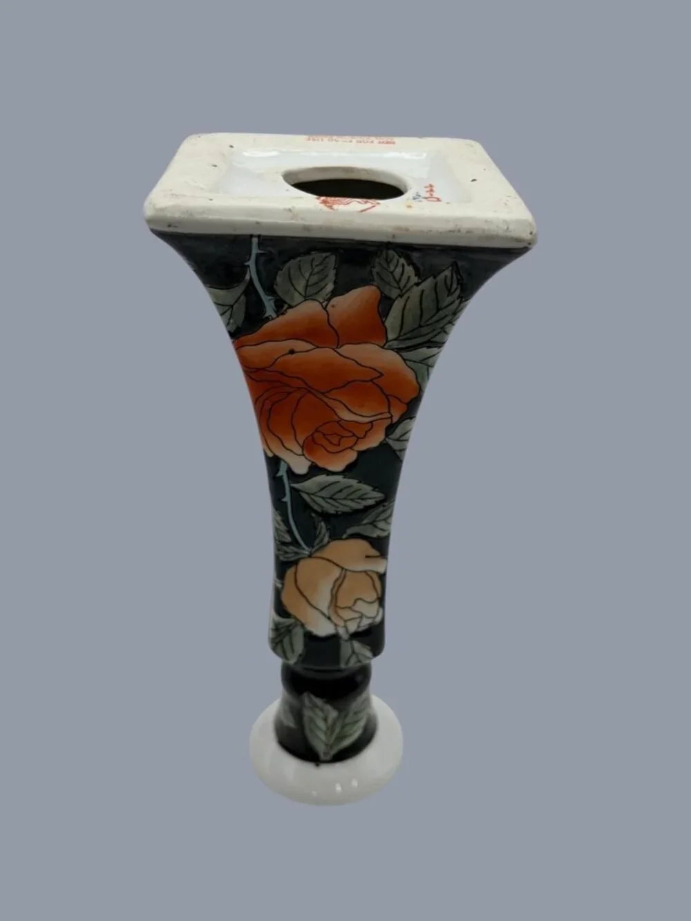 Vintage Hand-Painted Floral Porcelain Candlestick Holder – Rose Motif – 9” Tall